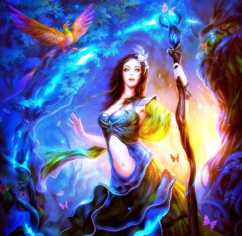 Woman Holding Staff — Blue