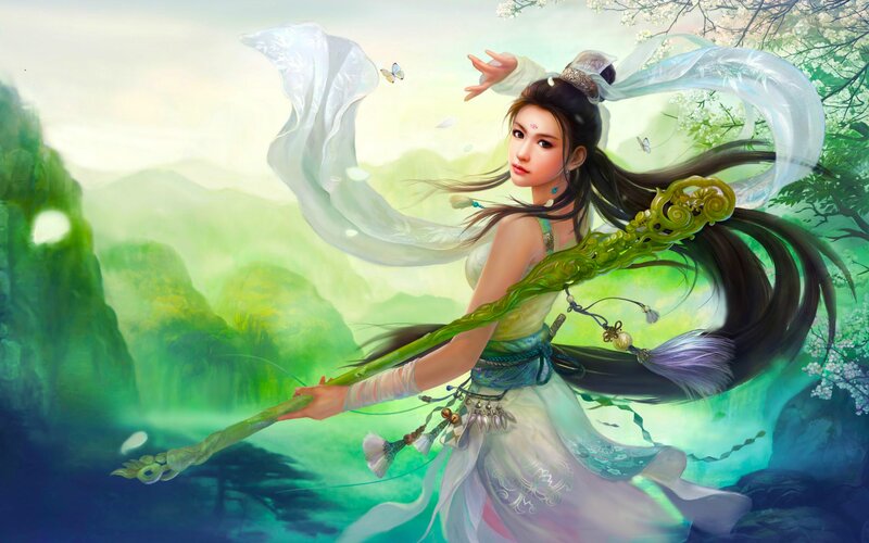 Woman Holding Staff — Green, Serene