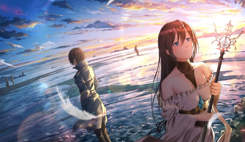 Woman Holding Staff on Beach