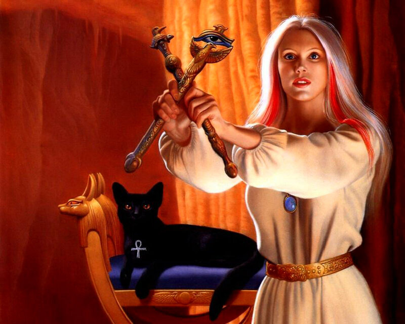 Woman Holding Staff — Red, Dramatic