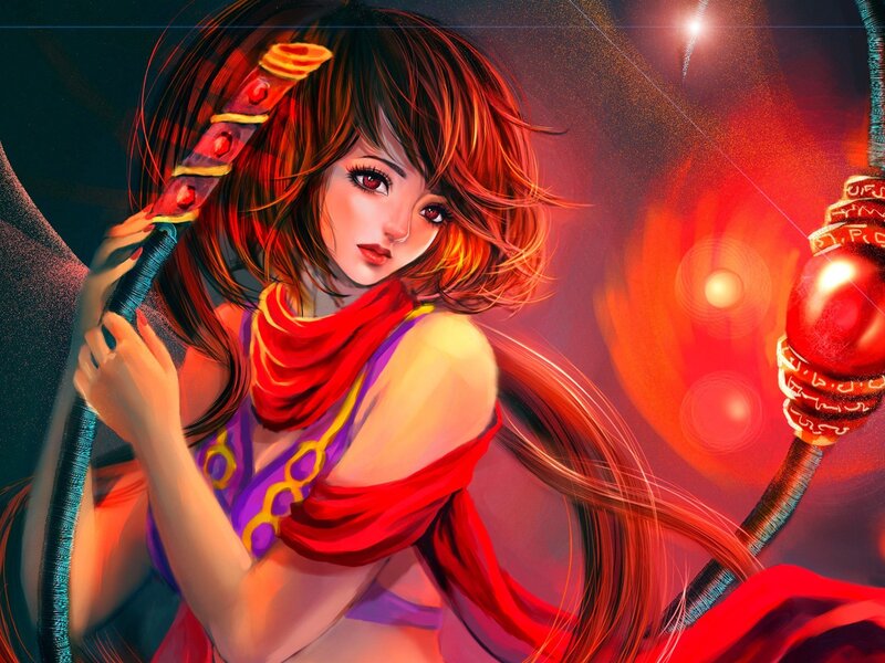 Woman Holding Staff — Red
