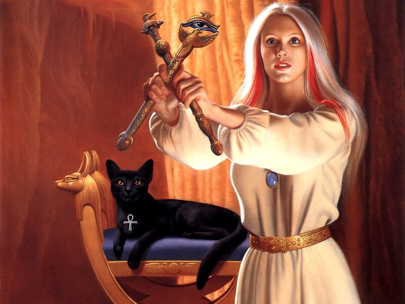 Woman Holding Staff — White, Dramatic, Digital Art