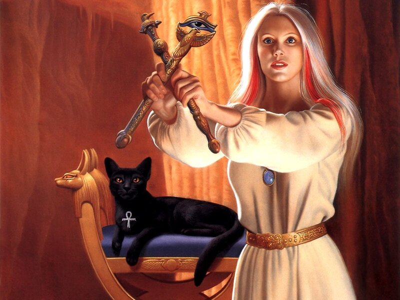 Woman Holding Staff — White, Dramatic