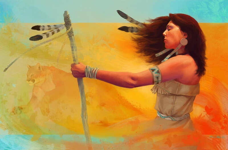 Woman Holding Staff — Yellow