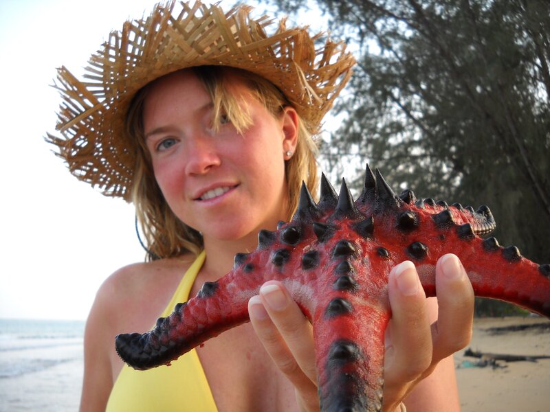 Woman holding starfish on beach