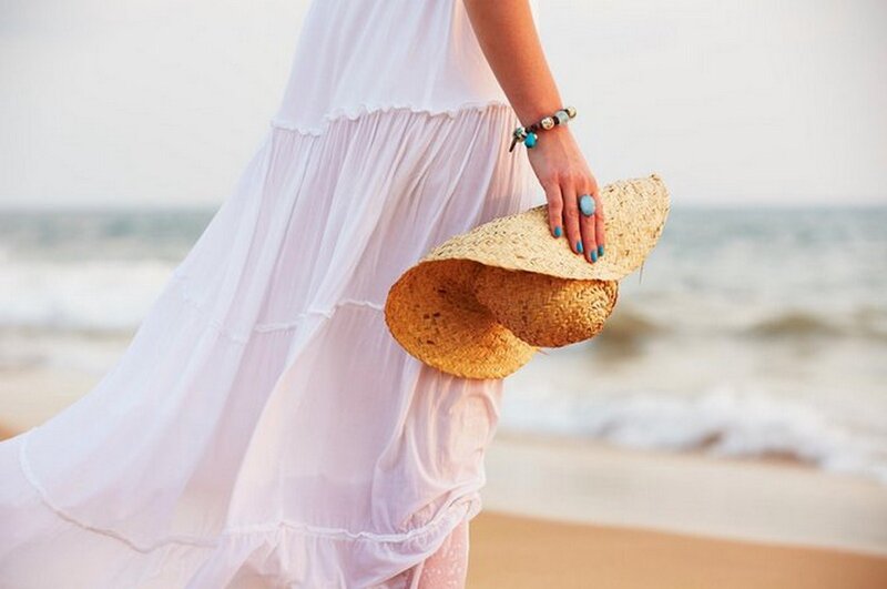Woman Holding Straw Hat — White