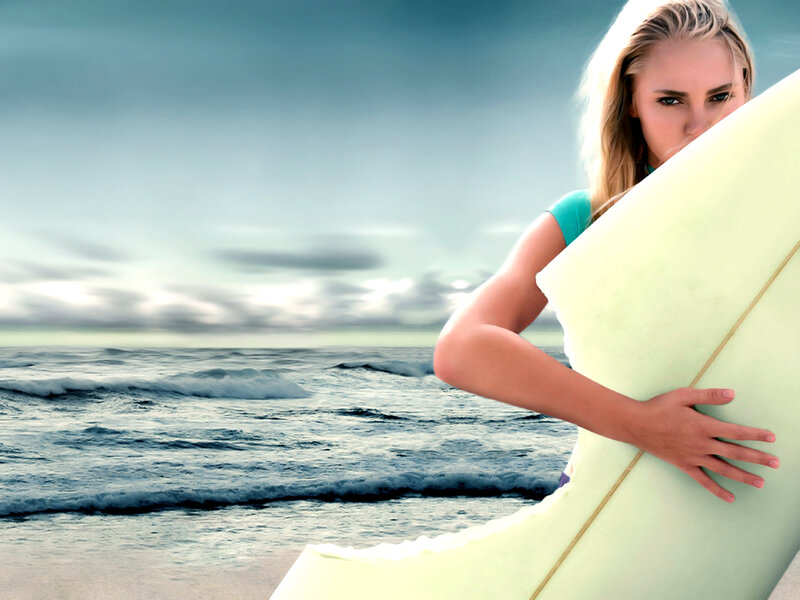 Woman Holding Surfboard — Blue, Dramatic, Afternoon