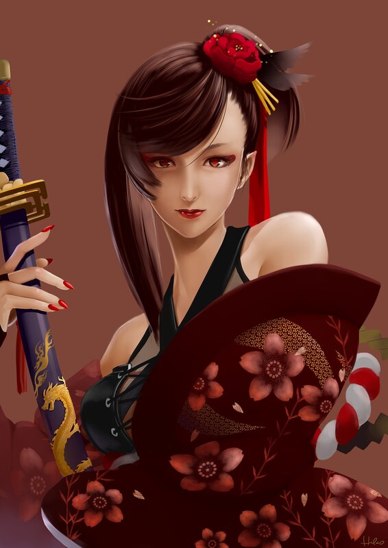 Woman Holding Sword and Fan