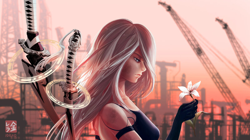 Woman Holding Sword and Flower