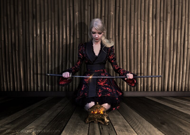 Woman Holding Sword — Black, Dramatic, Digital Art, Fire