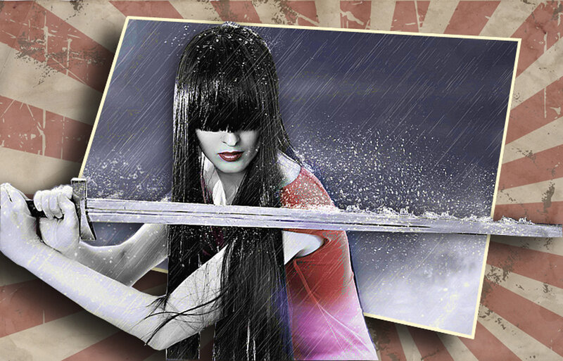 Woman Holding Sword — Black, Dramatic, Digital Art, Rain, Long Hair