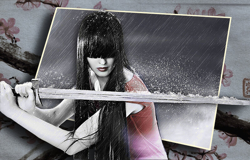 Woman Holding Sword — Black, Dramatic, Digital Art, Rain