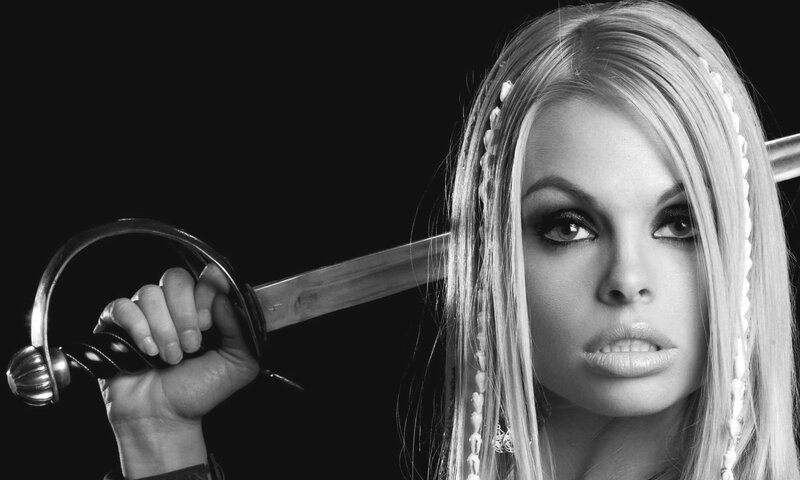Woman Holding Sword — Black, Dramatic, Photograph, Blonde Hair