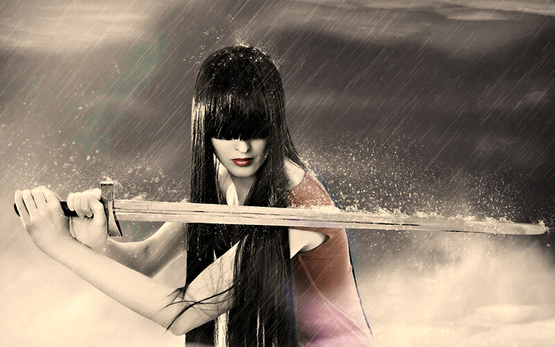 Woman Holding Sword — Black, Dramatic, Photograph, Rain, Long Hair