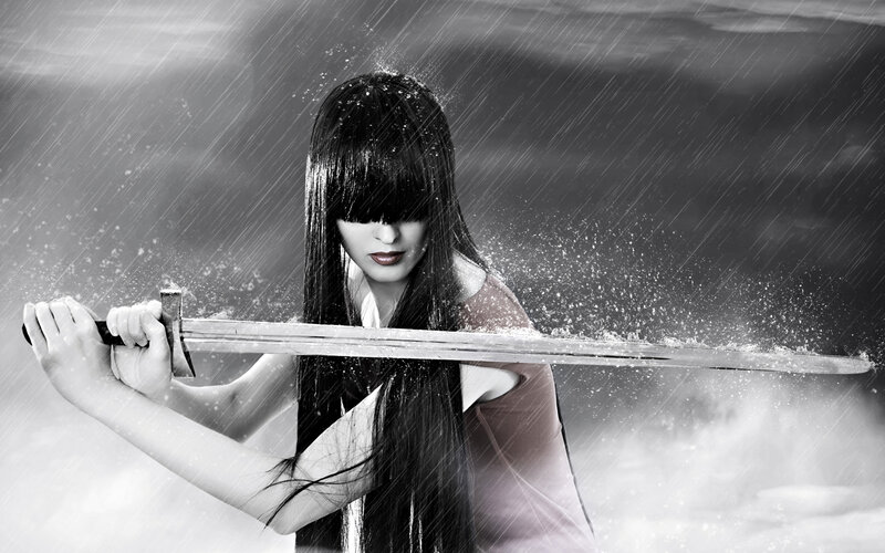 Woman Holding Sword — Black, Dramatic, Photograph, Rain
