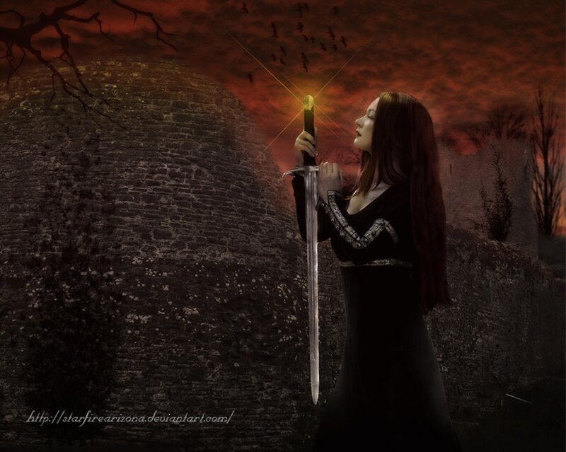 Woman Holding Sword — Black, Dramatic, Sunset, Digital Art