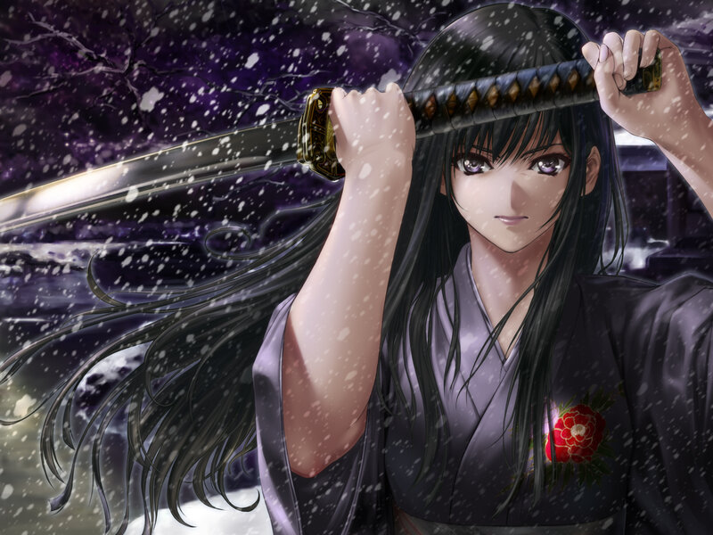 Woman Holding Sword — Black, Dramatic, Winter, Anime