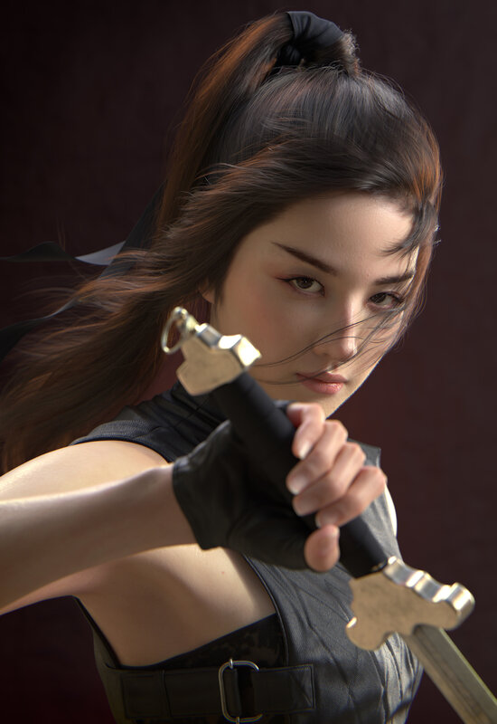 Woman Holding Sword — Black, Intense, 3d Render