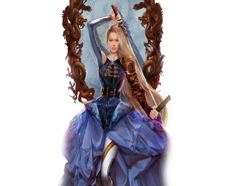 Woman Holding Sword — Blue, Dramatic, Digital Art, Dragon