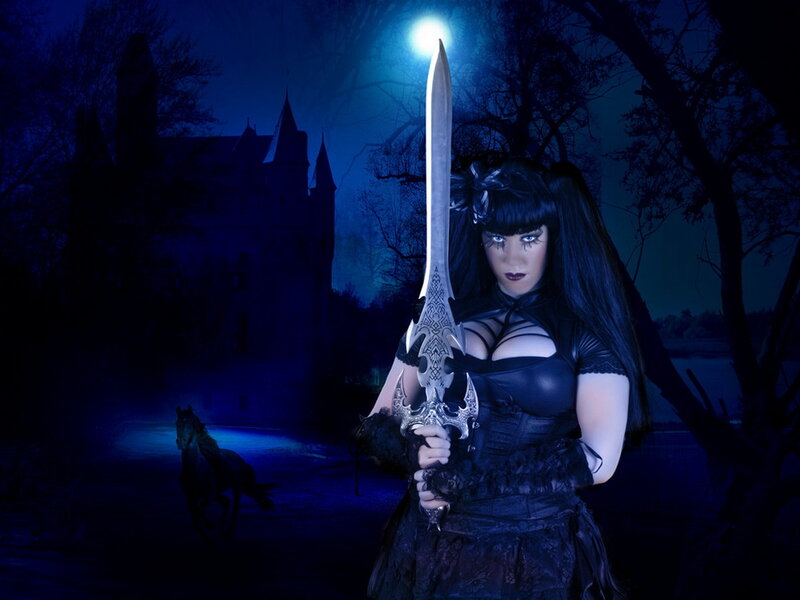 Woman Holding Sword — Blue, Dramatic, Night, Digital Art, Castle