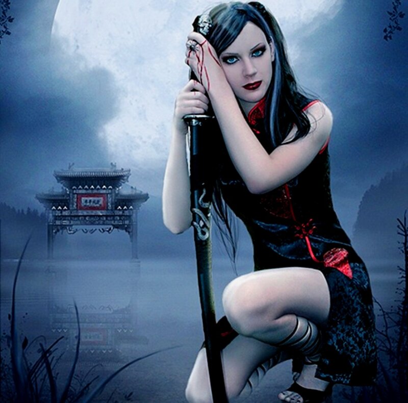 Woman Holding Sword — Blue, Dramatic, Night, Digital Art, Moon