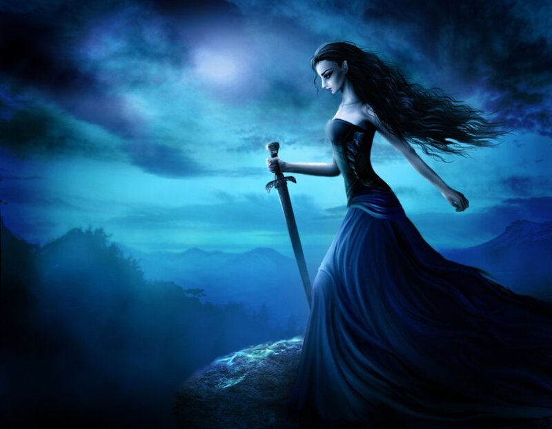 Woman Holding Sword — Blue, Dramatic, Night, Digital Art, Mountains