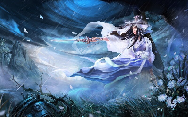 Woman Holding Sword — Blue, Dramatic, Night, Digital Art, Rain