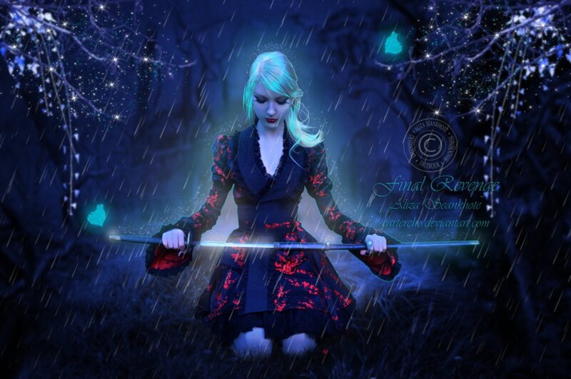 Woman Holding Sword — Blue, Dramatic, Night, Digital Art, Rain, Trees