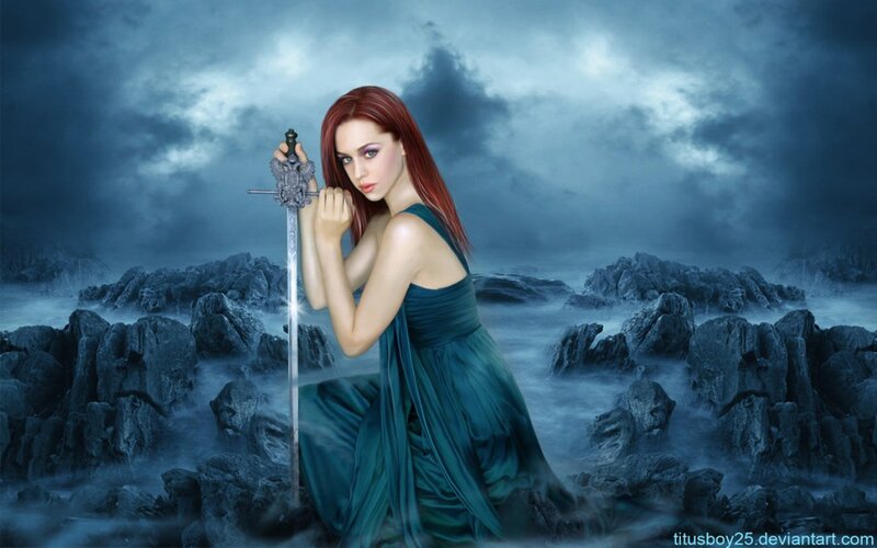 Woman Holding Sword — Blue, Dramatic, Night, Digital Art, Rocks