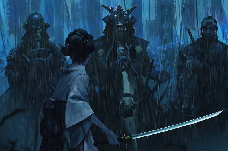 Woman Holding Sword — Blue, Dramatic, Night, Digital Art, Samurai