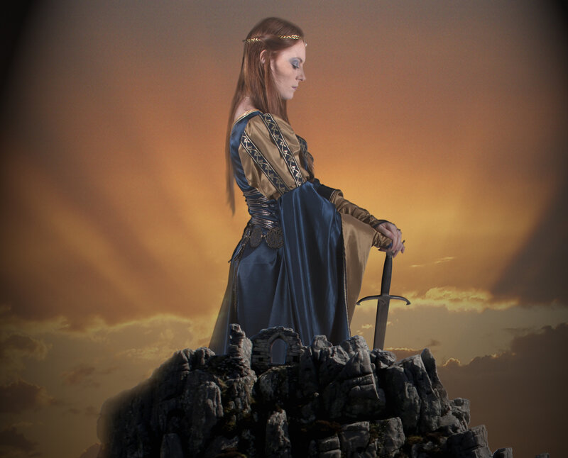 Woman Holding Sword — Blue, Dramatic, Sunset