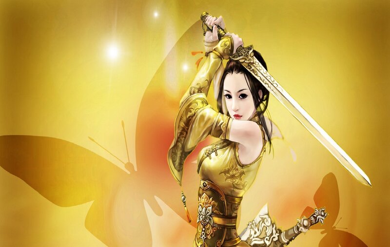 Woman Holding Sword — Gold, Dramatic, Digital Art, Armor