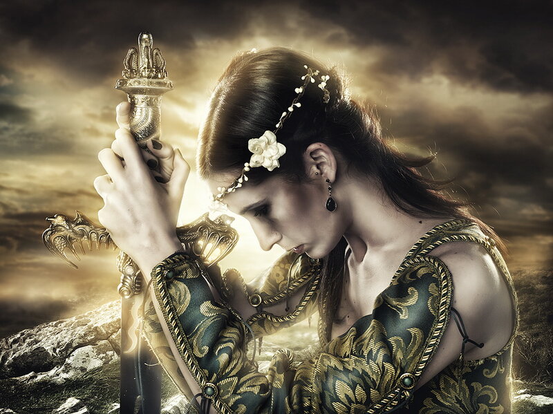 Woman Holding Sword — Gold, Dramatic