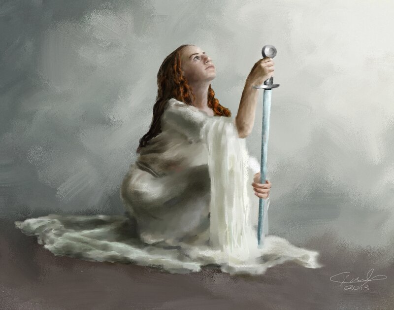 Woman Holding Sword — Gray, Dramatic, Digital Art