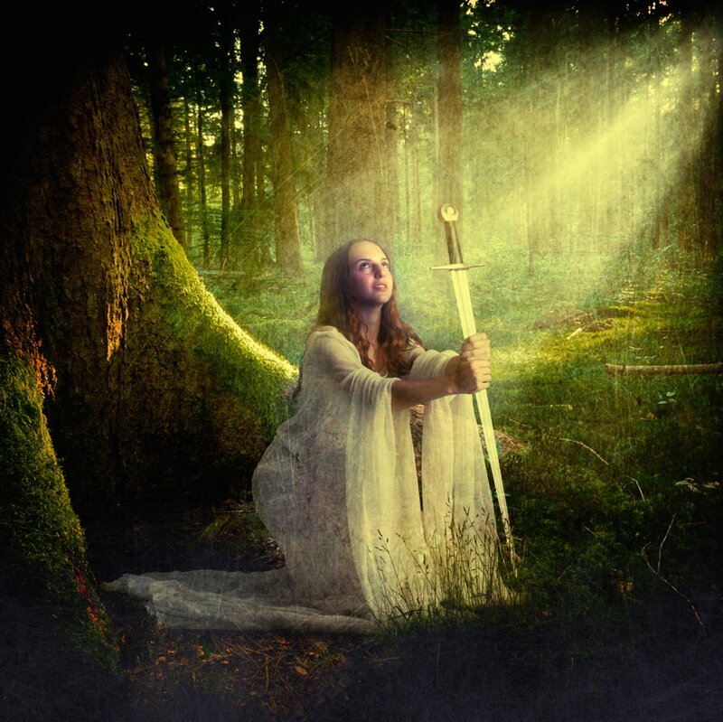 Woman Holding Sword — Green, Dramatic, Afternoon