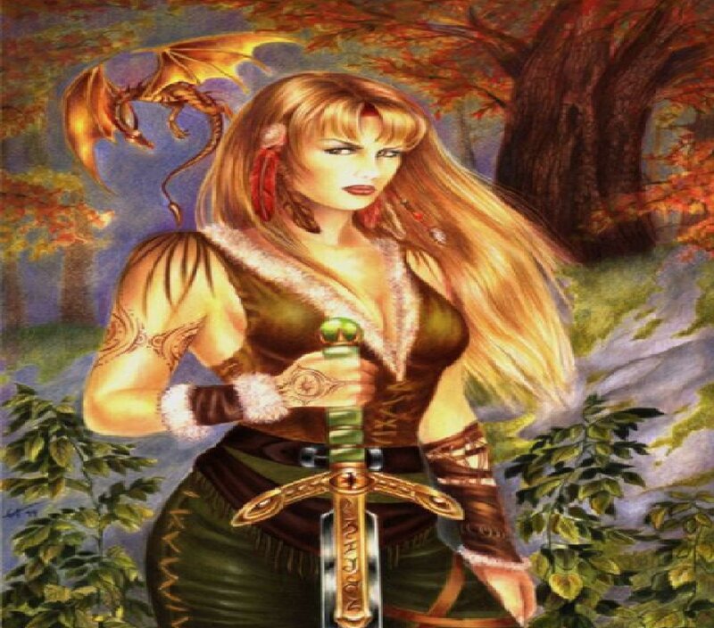 Woman Holding Sword — Green, Dramatic, Autumn