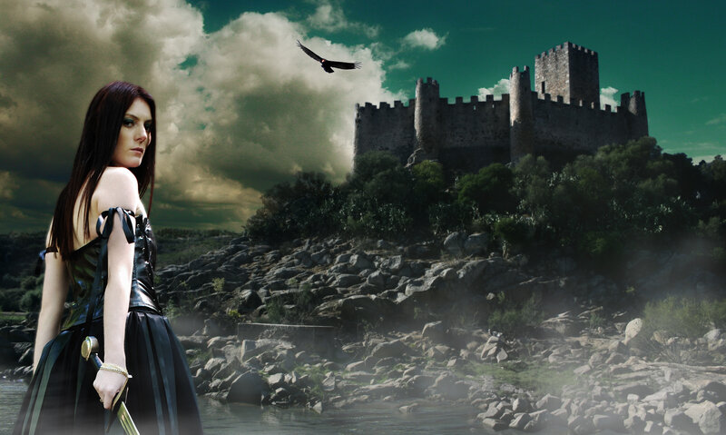 Woman Holding Sword — Green, Dramatic, Digital Art, Castle