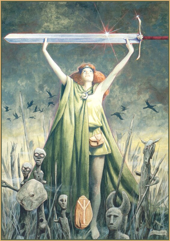 Woman Holding Sword — Green, Dramatic, Night, Illustration