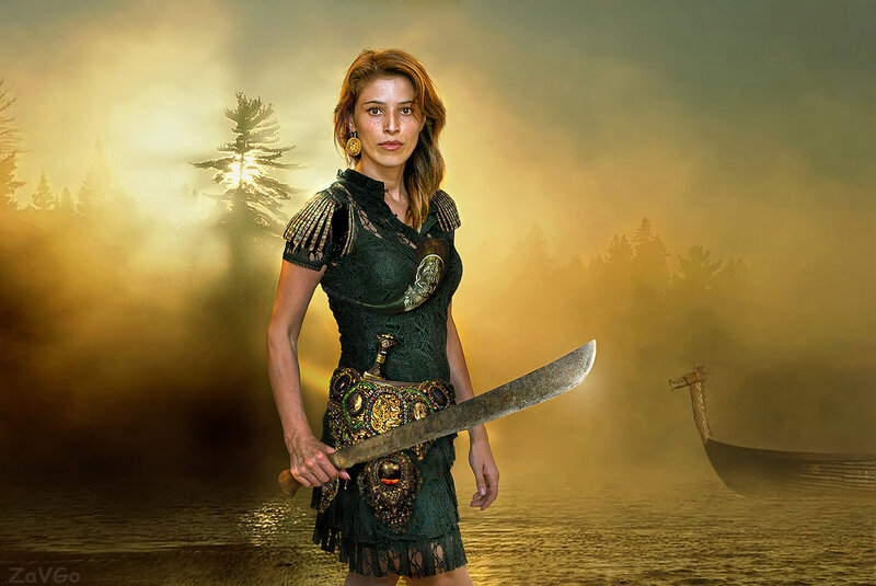 Woman Holding Sword — Green, Dramatic, Sunset, Digital Art