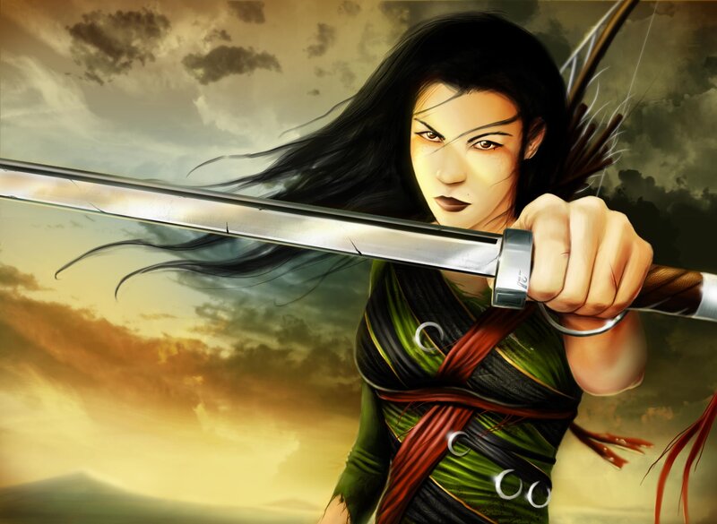 Woman Holding Sword — Green, Dramatic, Sunset