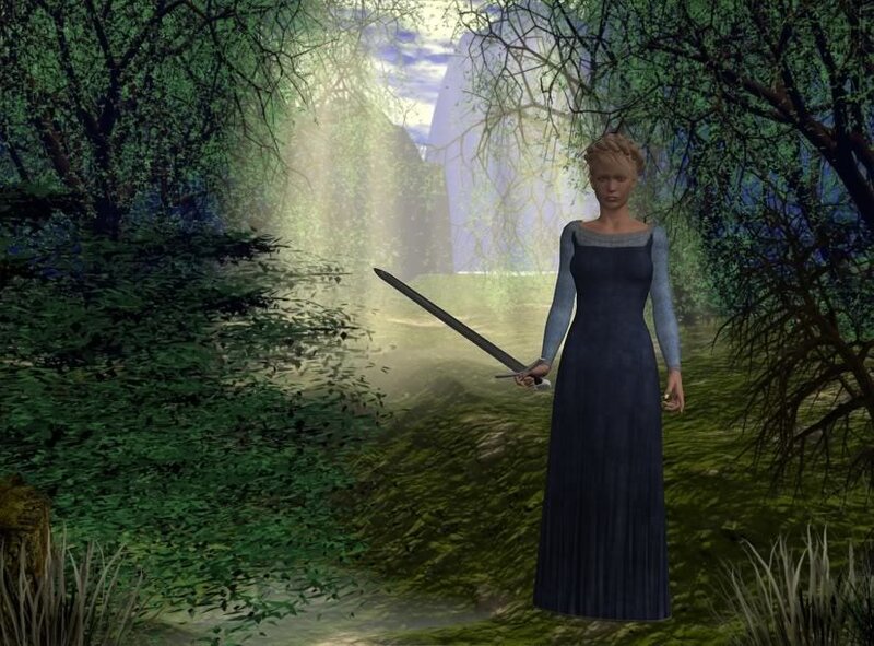 Woman Holding Sword — Green, Serene