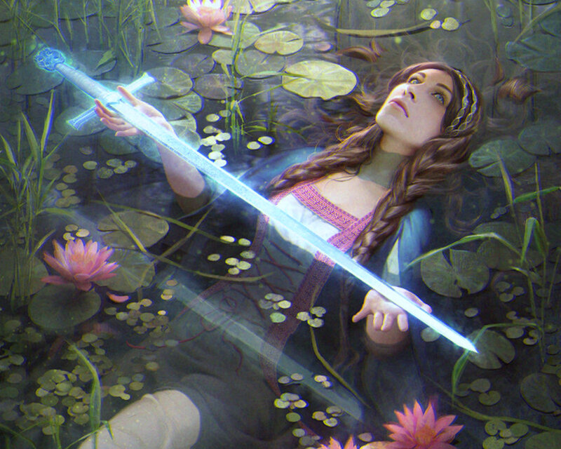 Woman Holding Sword in Pond