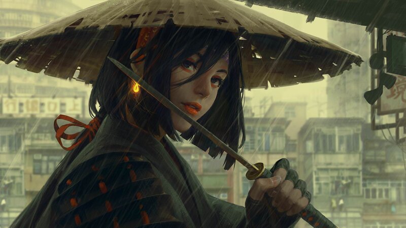 Woman Holding Sword in Rain — Black