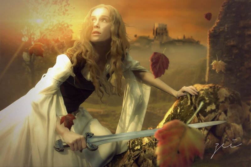 Woman Holding Sword — Orange, Dramatic