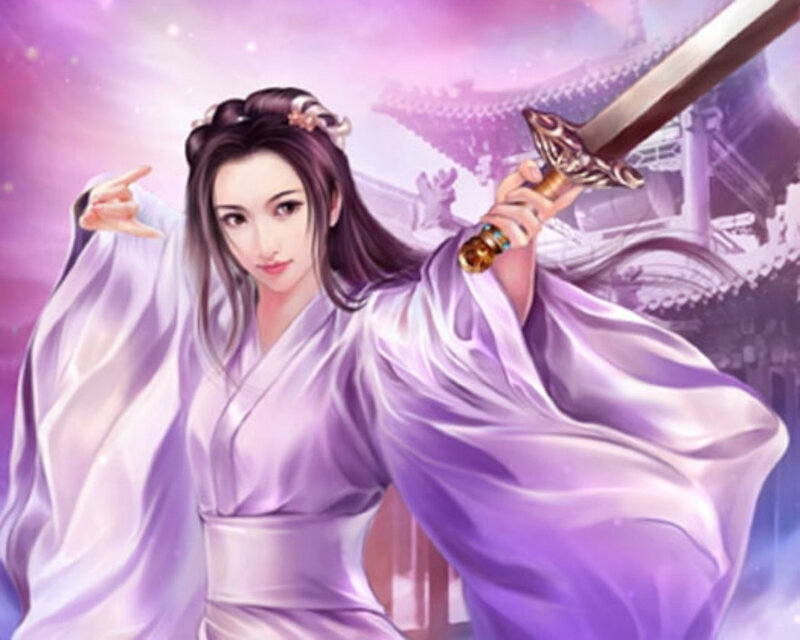 Woman Holding Sword — Purple, Dramatic, Digital Art, Building