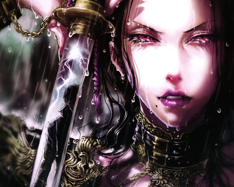 Woman Holding Sword — Purple, Dramatic, Manga