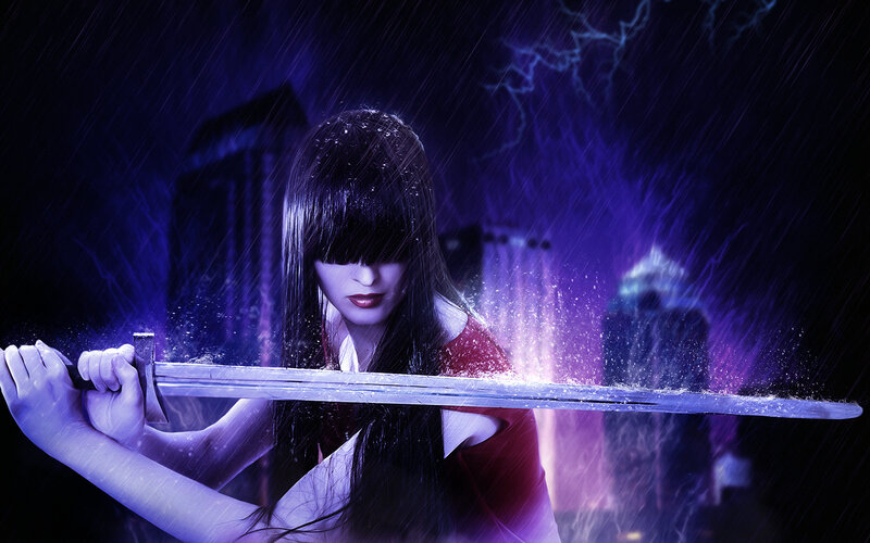Woman Holding Sword — Purple, Dramatic, Night, Digital Art, Rain