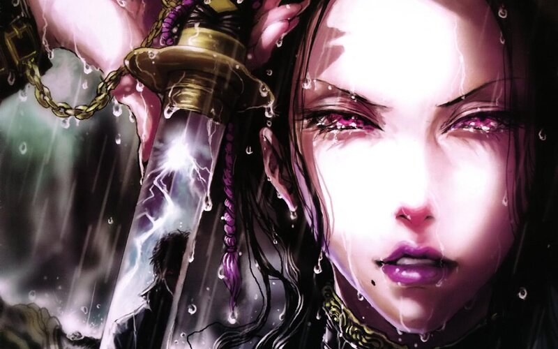 Woman Holding Sword — Purple, Dramatic, Night, Manga