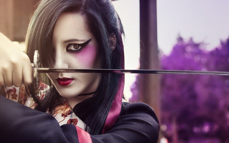 Woman Holding Sword — Purple, Dramatic, Photograph