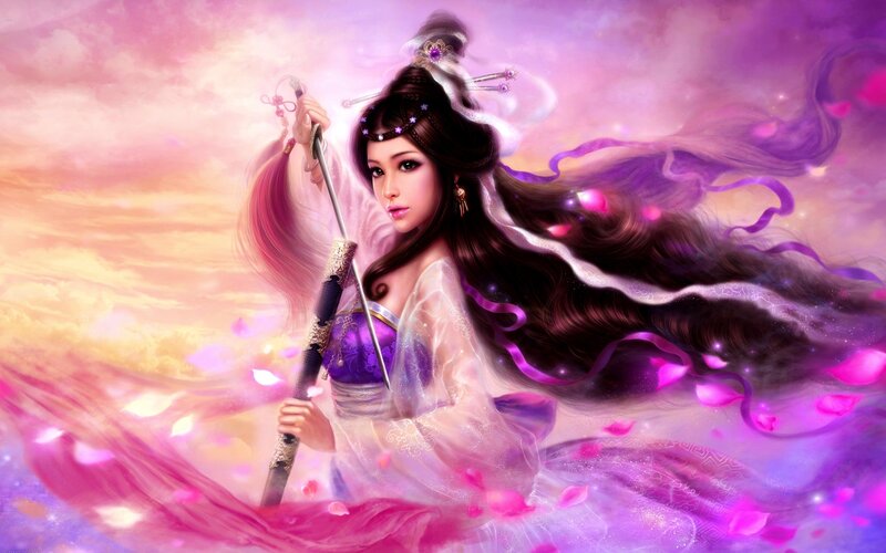 Woman Holding Sword — Purple, Dramatic